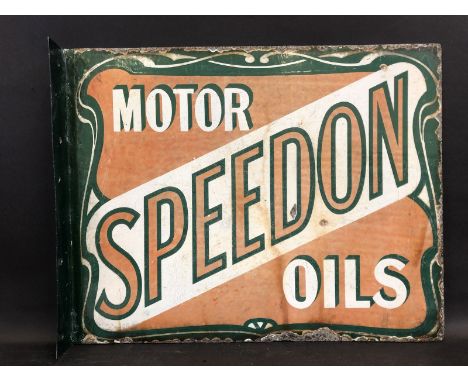 A rare Speedon Motor Oils double sided enamel sign with re-attached hanging flange, 20 x 16".