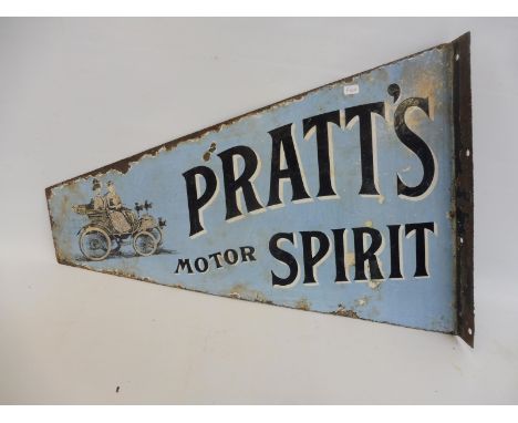 A rare and early Pratt's Motor Spirit pale blue enamel sign pennant with hanging flange, and image of a Veteran car to either