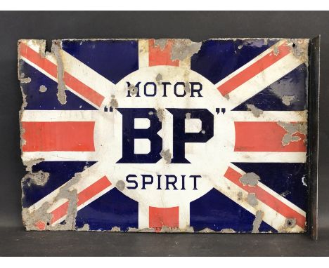 A BP Motor Spirit Union Jack double sided enamel sign with reattached hanging flange by Protector, 24 x 16".