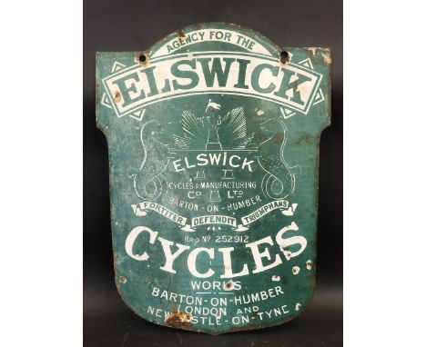 A rare Elswick Cycles Agency double sided enamel sign by Griffiths &amp; Browett Ltd, 15 3/4 x 21 1/2". 