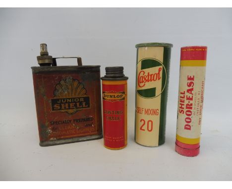 A Junior Shell lighter fuel can, a Dunlop Dusting Chalk tin in excellent condition, an unusual Shell Door-Ease tin and a Cast