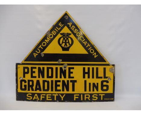 An AA enamel sign by Franco unusually bearing the words: Pendine Hill Gradient 1 in 6 Safety First, with some retouching, 26 
