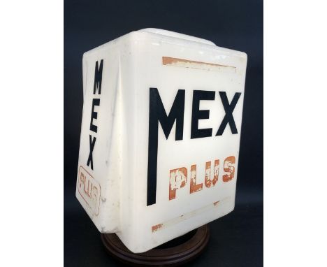 A Mex Plus glass petrol pump globe, faded otherwise excellent.