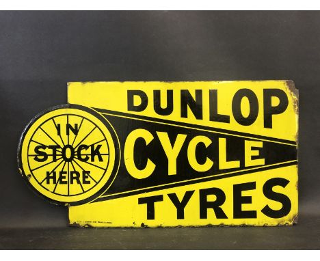 A Dunlop Cycle Tyres 'in stock here' double sided enamel sign with hanging flange, by Griffiths &amp; Browett Ltd. 27 x 14".