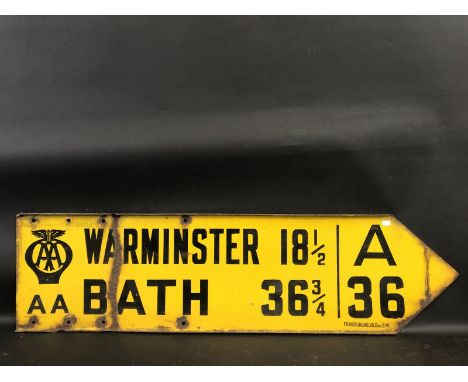 An AA double sided directional enamel road sign pointing towards Warminster and Bath on the A36 by Franco Signs, 38 x 10 1/4"