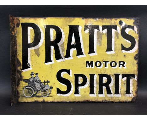 An early Pratt's Motor Spirit part pictorial double sided enamel sign with hanging flange, and an image of a Veteran car to e