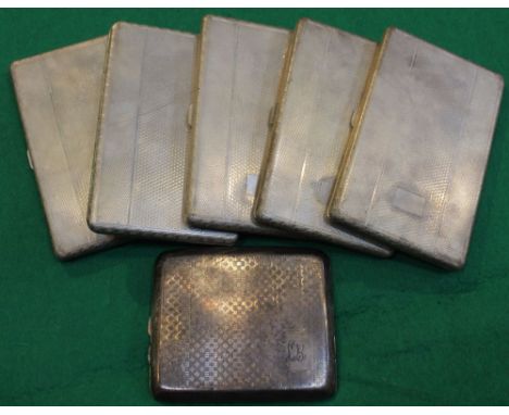 Five silver cigarette cases, rectangular form, engine turned, Birmingham 1947, together with a hip form silver cigarette case