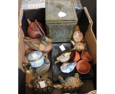 A box containing a brass bound tea caddy with a good selection of ceramic collectibles