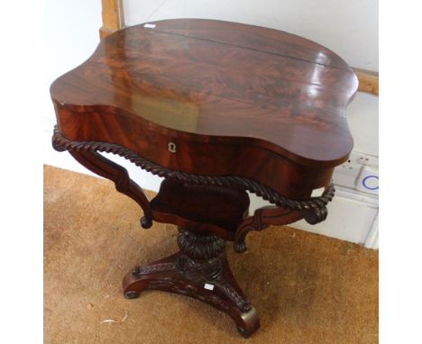 A 19th century mahogany workbox / sewing table on tripod base, with scrolled &amp; decorative moulding, fitted interior