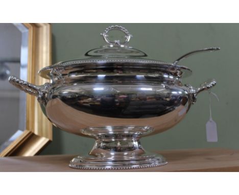 A Georgian design silver plated two handled soup tureen, with lid and ladle