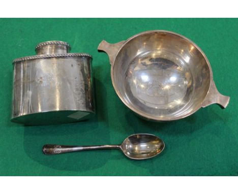 A late Victorian silver tey poy/caddy of elliptical form, Birmingham 1898, together with a Walker and Hall silver porringer w
