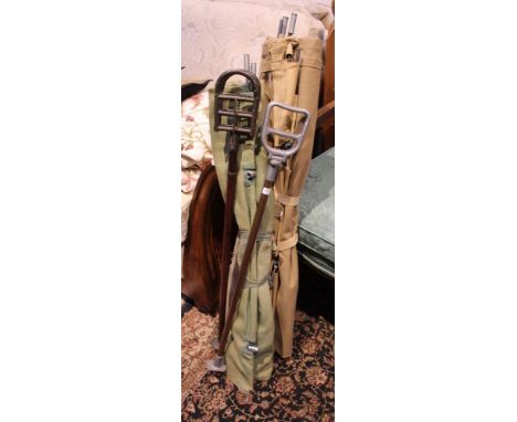 A shooting stick, having a mahogany shaft with horn and brass folding handle, together with one other shooting stick and thre