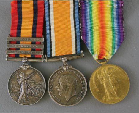 A group of three medals, QSA three bar South Africa 1902, Transvaal and orange Free State and First World War pair awarded to