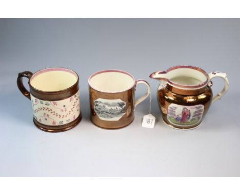 An early 19th century copper lustre mug, with transfer printed reserves of stag hunting scenes, 12 cm (4 3/4 in) diameter, to