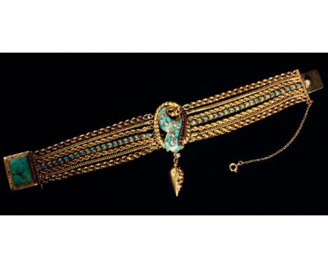 An early Victorian gold, turquoise and garnet bracelet, composed of multiple chain strands of differing designs to a scroll-s