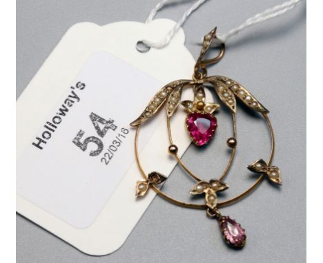 An Edwardian synthetic ruby, topaz and seed pearl openwork pendant, with central heart-shaped ruby and leaf-mounted circular 