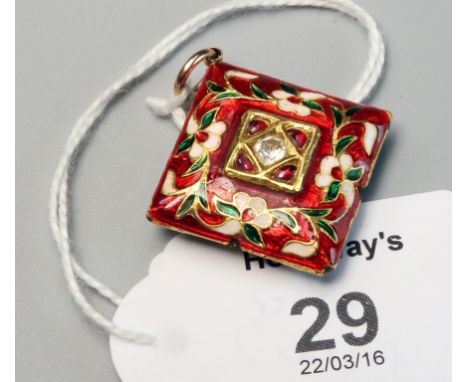 A double sided enamel pendant, square with polychrome foliate enamel in red and blue with pastes to centre