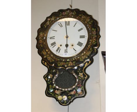 A Victorian japanned, florally painted and mother of pearl inlaid drop dial wall clock, the eight day gong striking movement 