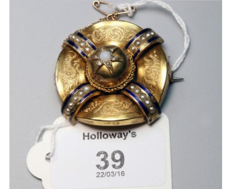 A Victorian target brooch, the central boss, with a single opal in diamond set star surround, with bands of pearls and enamel