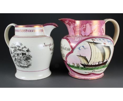 A Victorian Sunderland splash lustre pot bellied pottery jug, painted and printed with a lyrical verse and a fishing vessel b