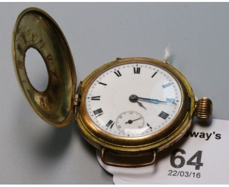 An Omega half hunting cased gentleman's wrist watch, with enamelled chapter ring, white enamel dial and Roman numerals, gold 