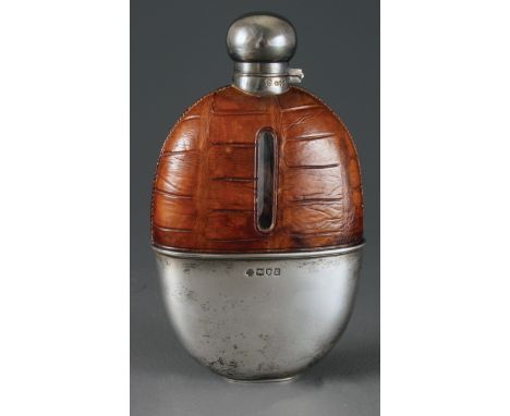 William Hutton and Sons Ltd,  a silver mounted and crocodile hide covered hip flask, with mushroom cap and gilded cup interio