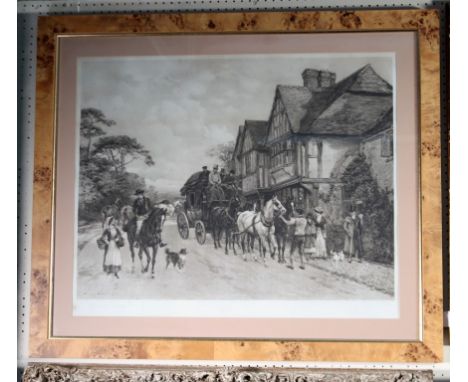 After Heywood Hardy, a coach and four before a half timbered dwelling, lithograph, signed in pencil with Academy Proof blind 