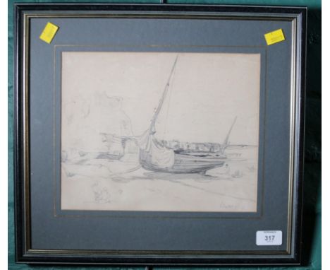 Probably 19th century school A preliminary pencil sketch for a larger work, beached sailing boat with figures on shore, cliff