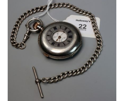 A doctors-type Swiss silver half hunting cased pocket watch, with centre seconds to white enamel dial, Roman numerals and swe