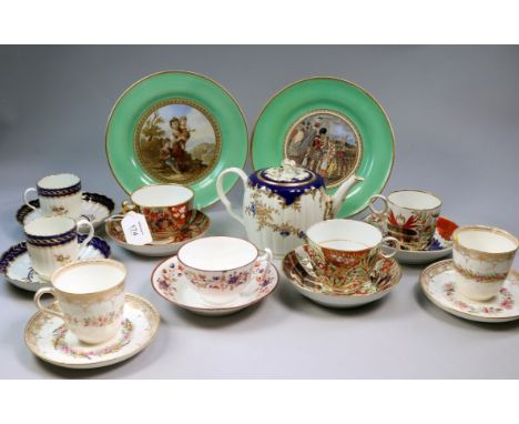 A pair of crescent mark Worcester tea cups and saucers, a Flight Barr and Barr cup and saucer, another similar, two Prattware