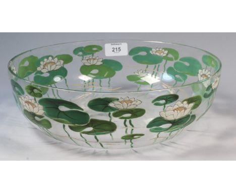 A late 19th century/early 20th century French glass bowl, enamel decorated with lily pads and flowers, 30cm