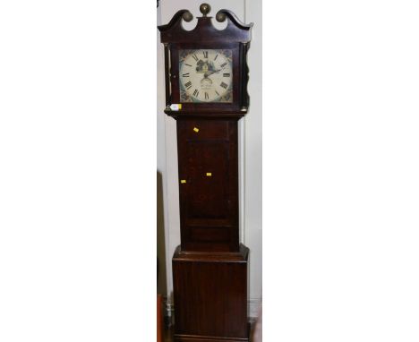 Thomas Wells, Banbury, an early 19th century oak and mahogany crossbanded longcase clock, the broken swan neck pediment with 