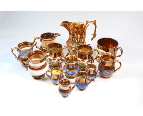 An early 19th century copper lustre mug, with bat printed reserves of contemporary rural life, 10 cm (4 in) diameter, togethe