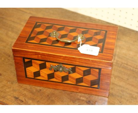 A George III tulipwood ebony and satinwood parquetry two-section tea caddy, with geometric 'tumbling cube' detail, the interi