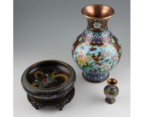 A group of three 20th Century Chinese cloisonné items to include; bulbous form vase with birds and floral panels with foliage