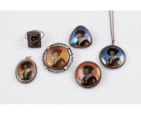 A collection of six pieces of silver jewellery depicting the portrait of the Laughing Cavalier after Franz Hals, the collecti