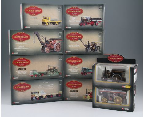 A group of ten boxed Corgi Vintage Glory of Steam diecast vehicles to include; Garrett road tractor and flatbed trailer, Fowl