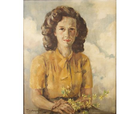 OLWEN TOOKEY (b.1910) Framed, signed, dated 1947, oil on canvas, half portrait of a lady seated holding a branch with yellow 