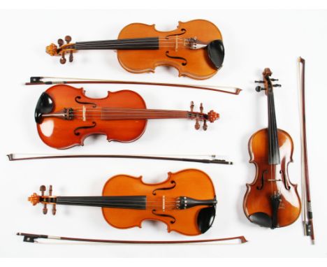 A group of four violins to include; unnamed example with two piece back with P&H, London bow, Andreas Feller for Stentor with