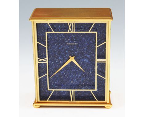 A Jaeger le Coultre 8 day gilt metal cased mantel clock, with enameled lapis lazuli face having gilt coloured Roman numeral q