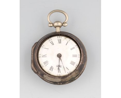 A George III silver pair cased pocket watch with verge movement, the white enamel dial having hourly Roman numeral markers wi