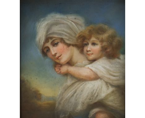 Framed, unsigned, pastel on paper, 18th Century style portrait of a mother in white cap and shawl, carrying child on her back