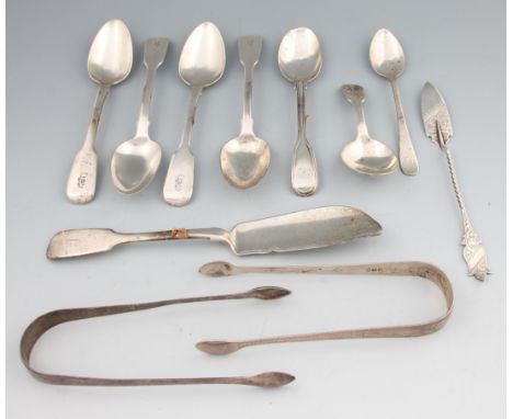 A lot to include a George IV caddy spoon, with plain bowl and shell design terminal, hallmarked London 1829, a set of four si