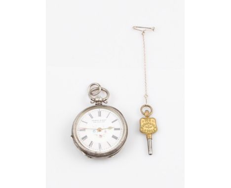 A Kendal & Dent silver key wind fob watch, the white enamel dial having hourly Roman numeral markers with minute track border