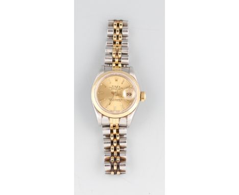 A stainless steel Rolex Oyster Perpetual Date Just ladies wrist watch, the gold tone dial having hourly baton markers and min