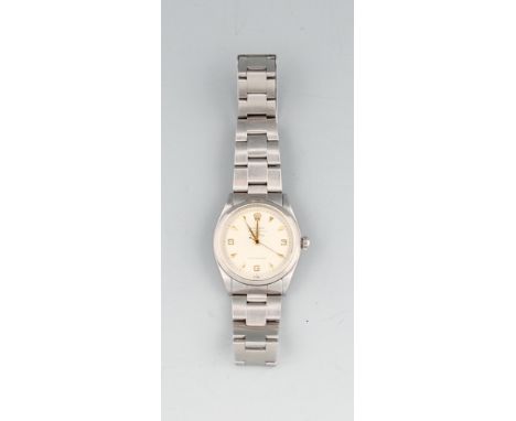 A stainless steel Rolex Oyster Perpetual Air King gents’ wrist watch, the cream tone dial having gold toned quarterly Arabic 