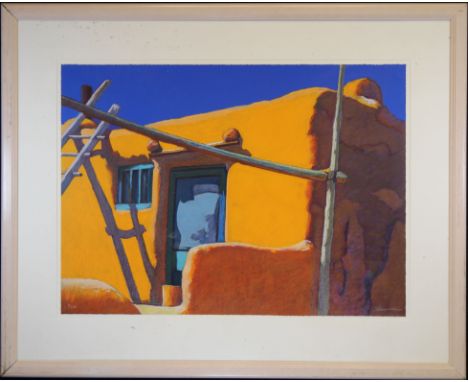 Mary Silverwood (California, New Mexico, 1932 - 2011) Adobe Pueblo Scene Lithograph. Signed lower right. Numbered 8/200 lower
