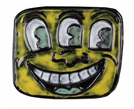 Keith Haring (1958 - 1990) Ceramic Plaque. Signed and dated in red marker verso. Size: 4 x 3.5 inches. During a brief but int
