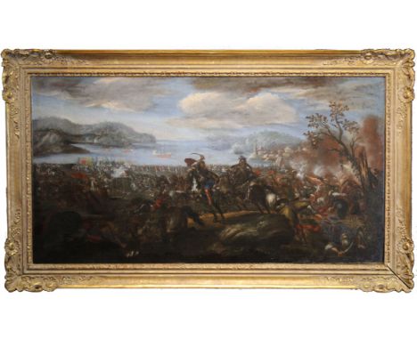Ilario Spolverini (Italy, 1657-1734) Large Old Master Battle Scene. Sight size: 28.5 x 53 inches. Provenance: Private Italian