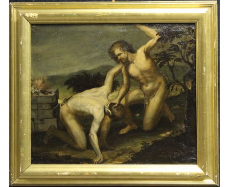 17th C. Old Master Painting of Cain and Abel. Oil on canvas. Original canvas and stretcher. Sight size: 22 x 25.5 inches.